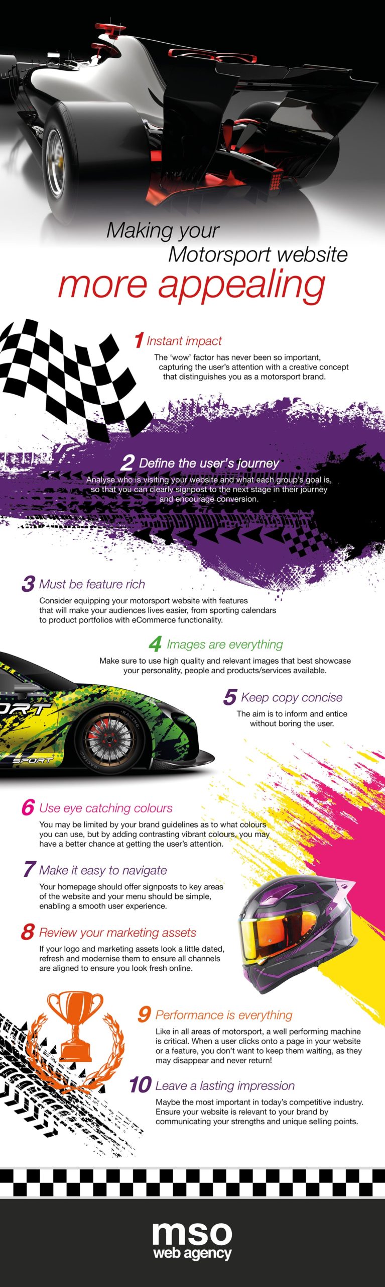 This is an infographic that shares tips on how motorsport companies can make their website more appealing through website design. 