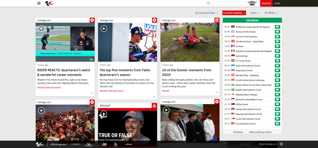 A screenshot of the MotoGP website social wall showing a series of social media posts pulled through to their sports website