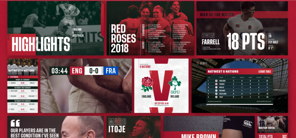 Screenshot from Thisaway website showing the translation of the England Rugby brand across medium including their sports website