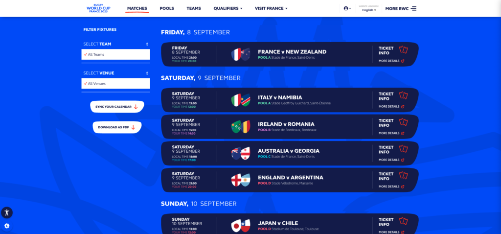 Screenshot of the Rugby World cup website fixtures page