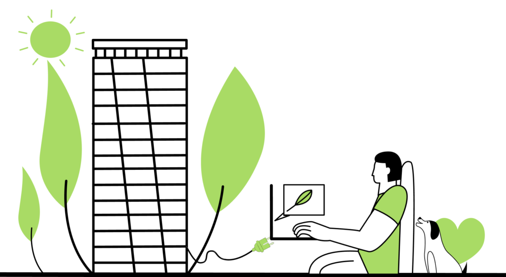 graphic depicting a server linking to a abstract laptop screen via a green tree graphic, depicting utilising a green web host for a more sustainable independent school