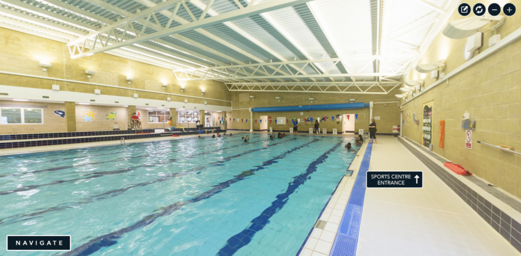 Image showing a screenshot from the Christ's Hospital independent school website, namely their virtual tour which shows real-life imagery of school facilities. Pictured here is the swimming pool.