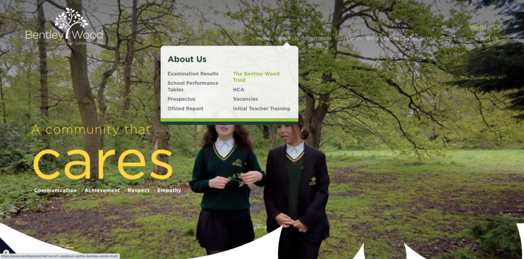 Screenshot of the Bentley Wood school website showing a dropdown school website navigation style.