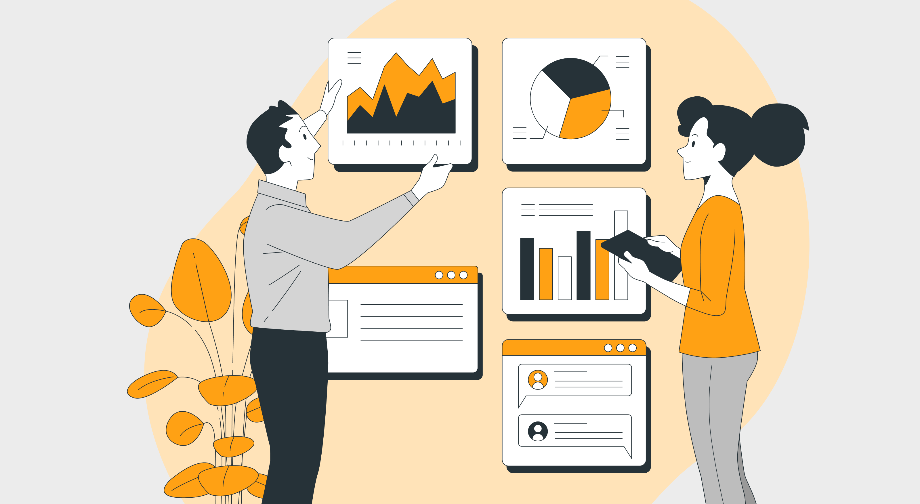 Illustration showing 2 data driven business people presiding over various depictions of data such as pie and bar charts.