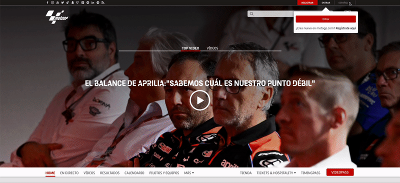 gif of the motogp website showing the translation feature being selecting changing the website language from English to Chinese