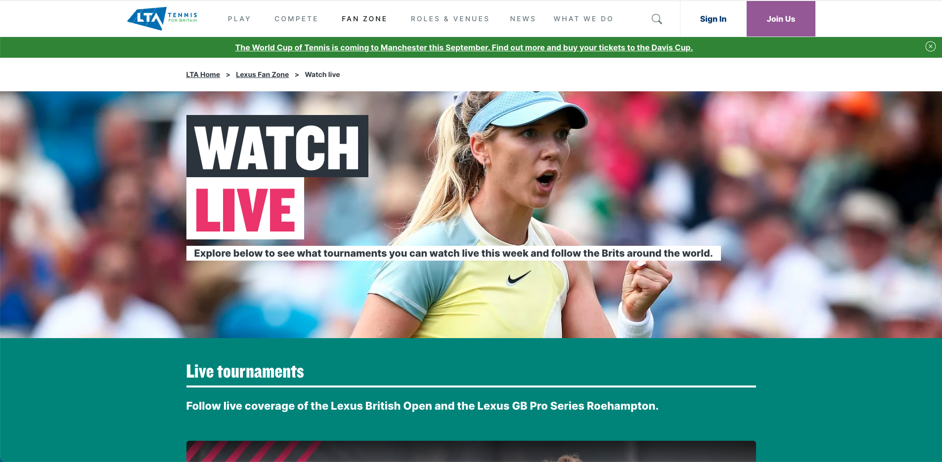 Screenshot of the LTA (Lawn Tennis Association's) website WATCH LIVE page which features live streaming video.