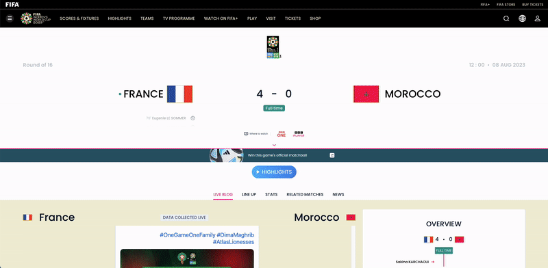 gif from The FIFA Women's World Cup team website showing their live blog element of the sport website.