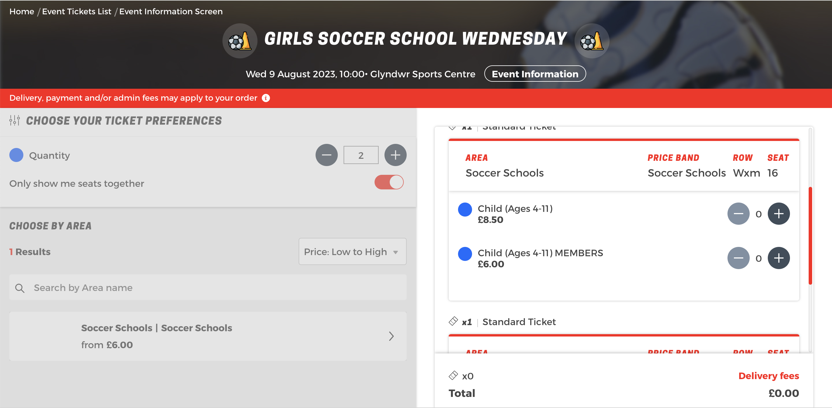 Screenshot of the Wrexham F.C. sport website, specifically online ticketing facility for the Girl's Soccer School event
