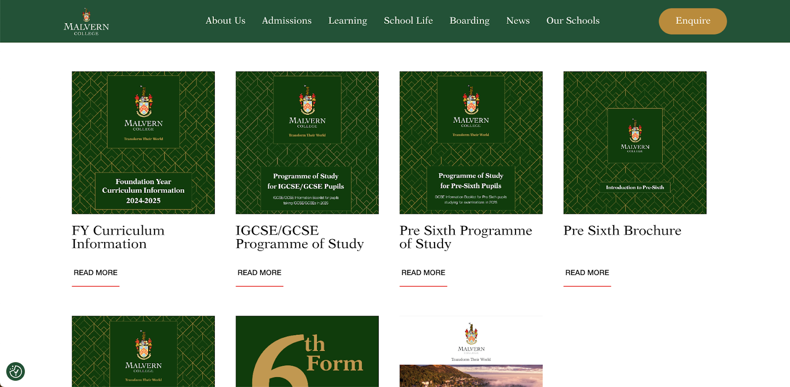 Screenshot from the Malvern College website which shows a variety of downloadable school policies.