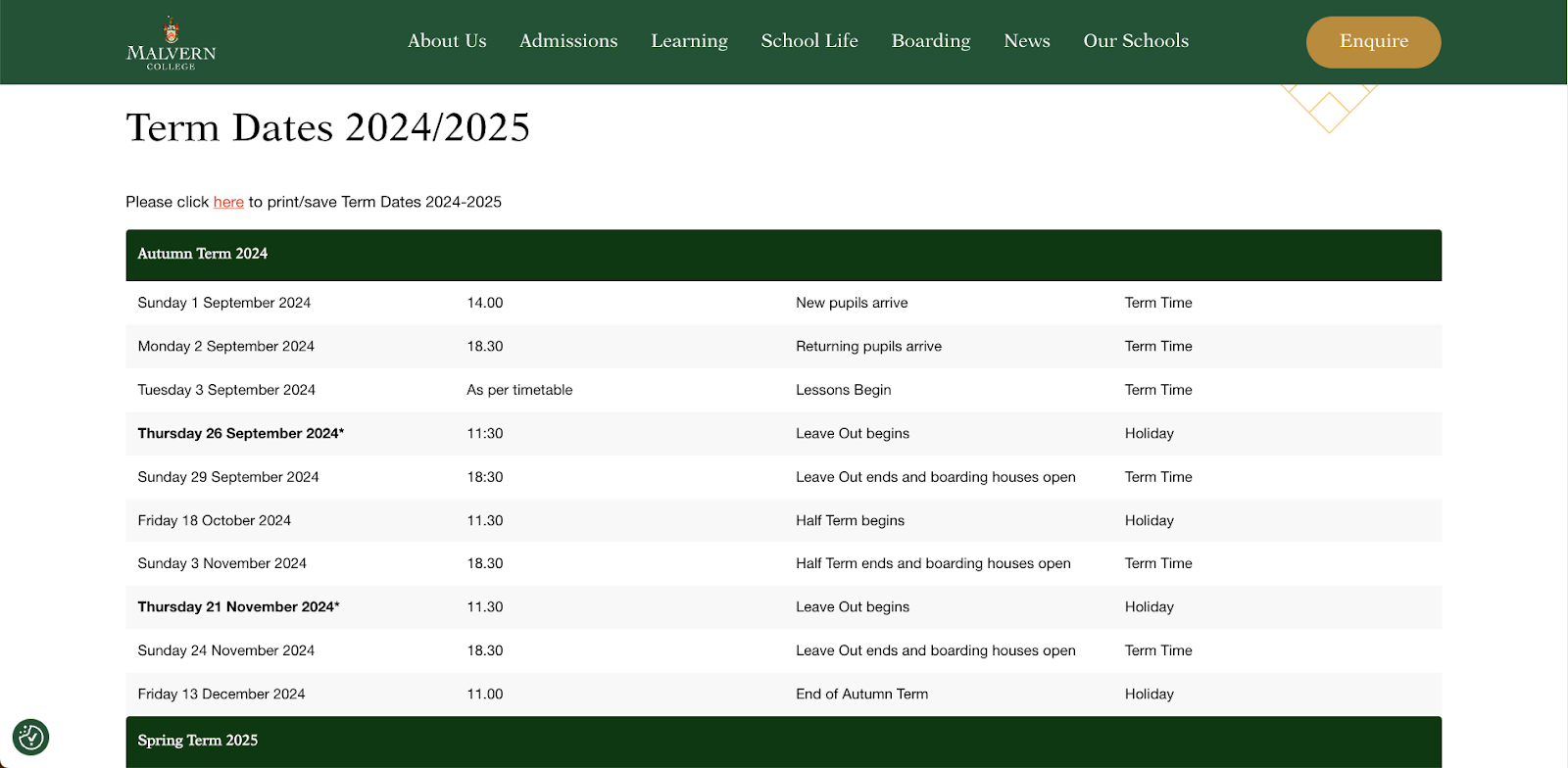 Screenshot from the Malvern College website which shows 2024/25 term dates.