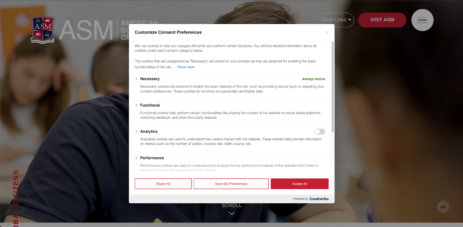 Screenshot of the American School of Milan international school website. This shows the Customise Cookie Preferences banner which is compliant with Google's latest regulations.